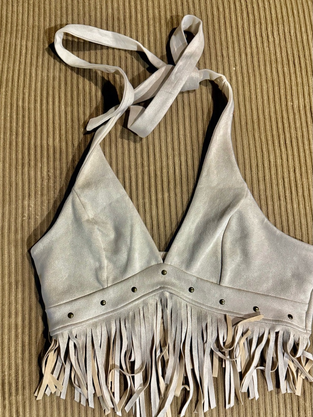 Fringe Halter Crop Top - White